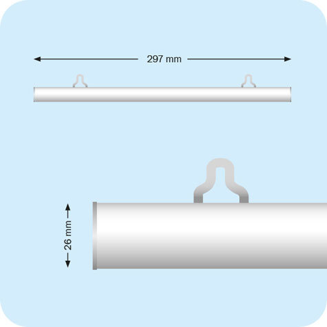 legatoria Listelli appendiposter in alluminio, 297mm in alluminio anodizzato color argento, con cappucci di chiusura e gomma antiscivolo per tutta la lunghezza, spessore 26mm. La stecca superiore  fornita di 2 ganci di appensione. Compresa una seconda stecca per il lato inferiore.
