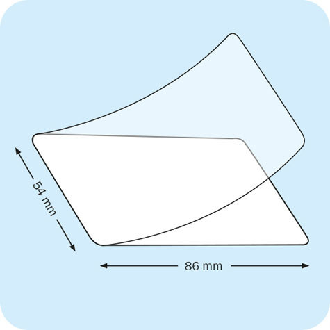 legatoria Pouches. bustine plastificanti. 54x86mm TRASPARENTE lucido, 60 micron per lato, saldate sul lato corto, angoli arrotondati, in polietilene, per cartoncini 48x80mm, plastificazione a caldo.