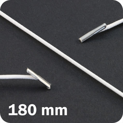 legatoria Elastico con 2 capicorda, lunghezza 180mm BIANCO, lunghezza 180mm (compresi i 2 capicorda), elastico a sezione tonda rivestito in tessuto, spessore 2,2mm.