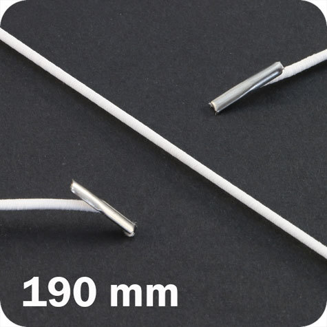 legatoria Elastico con 2 capicorda, lunghezza 190mm BIANCO, lunghezza 190mm (compresi i 2 capicorda), elastico a sezione tonda rivestito in tessuto, spessore 2,2mm.