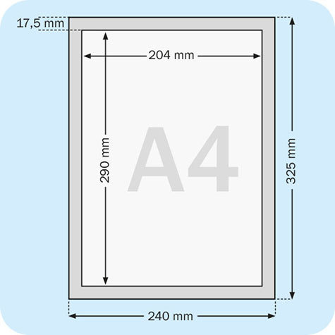 legatoria Cornice autoadesiva magnetica, NERA, A4 AUTOADESIVA mediante nastro biadesivo in schiuma di PE, largo: 15mm, spessore: 1mm. Il foglio protettivo trasparente antiriflesso  adeso con nastro magnetico di larghezza 7 mm. Per fogli di dimensione A4 (210x297mm). Dimensioni esterne: 230x317mm. Area visibile: 200x287. Altezza profilo: 25mm..