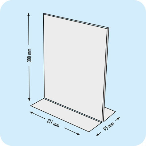 legatoria PortaLocandinaPlexiglass, DaTavoloBifacciale, A4verticale, 210x297mm PortaCartello TRASPARENTE, in Plexiglass da 1,5mm, formato A4 (211x300mm) a disposizione verticale, base a T larga 95mm. La disposizione perfettamente verticale consente di inserire un depliant visibile su entrambi i lati. Ideale per ogni tipo di comunicazione     .