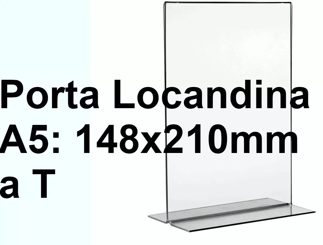 legatoria PortaLocandinaPlexiglass, DaTavoloBifacciale, A5verticale, 148x210mm PortaCartello TRASPARENTE, in Plexiglass da 1,5mm, formato A5 (149x212mm) a disposizione verticale, base a T larga 84mm. La disposizione perfettamente verticale consente di inserire un depliant visibile su entrambi i lati. Ideale per ogni tipo di comunicazione     .