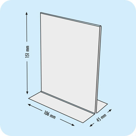 legatoria PortaLocandinaPlexiglass, DaTavoloBifacciale, A6verticale, 105x148mm PortaCartello TRASPARENTE, in Plexiglass da 1,5mm, formato A6 (106x151mm) a disposizione verticale, base a T larga 45mm. La disposizione perfettamente verticale consente di inserire un depliant visibile su entrambi i lati. Ideale per ogni tipo di comunicazione     .