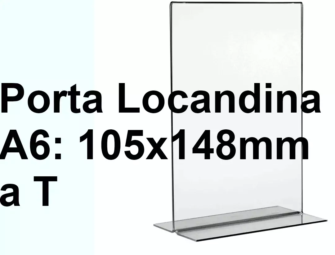 legatoria PortaLocandinaPlexiglass, DaTavoloBifacciale, A6verticale, 105x148mm PortaCartello TRASPARENTE, in Plexiglass da 1,5mm, formato A6 (106x151mm) a disposizione verticale, base a T larga 45mm. La disposizione perfettamente verticale consente di inserire un depliant visibile su entrambi i lati. Ideale per ogni tipo di comunicazione     .