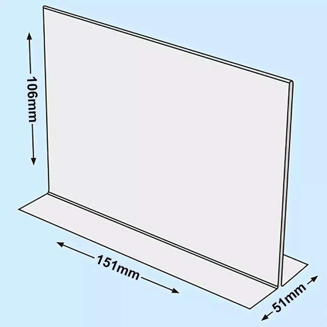 legatoria PortaLocandinaPlexiglass, DaTavoloBifacciale, A6orizzontale, 105x148mm PortaCartello TRASPARENTE, in Plexiglass da 1,5mm, formato A6 (106x151mm) a disposizione orizzontale, base a T larga 51mm. La disposizione perfettamente orizzontale consente di inserire un depliant visibile su entrambi i lati. Ideale per ogni tipo di comunicazione     .