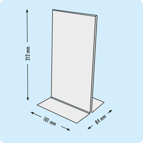 legatoria PortaLocandinaPlexiglass, DaTavoloBifacciale, DinLong, 99x210mm TRASPARENTE, formato DIN LONG (101x215mm) a disposizione verticale, base a T larga 84mm, in polistirene da 1,5mm. La disposizione perfettamente verticale consente di inserire un depliant visibile su entrambi i lati. Ideale per ogni tipo di comunicazione.