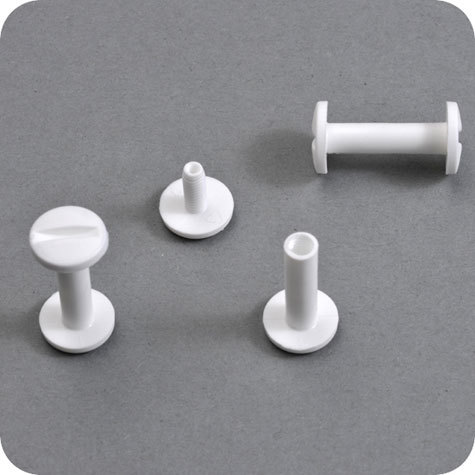legatoria Viti sepolte rilegatura, plastica 16mm  BIANCO, lunghezza mm 16, diametro testa 12mm, diametro tubetto 5mm, una testa fissa ed una mobile, LVI6016. Per lunghezza, si intende la distanza INTERNA tra le due teste, che corrisponde allo spessore del volume da rilegare.