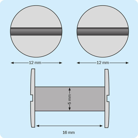 legatoria Viti sepolte rilegatura, plastica 16mm  BIANCO, lunghezza mm 16, diametro testa 12mm, diametro tubetto 5mm, una testa fissa ed una mobile, LVI6016. Per lunghezza, si intende la distanza INTERNA tra le due teste, che corrisponde allo spessore del volume da rilegare.