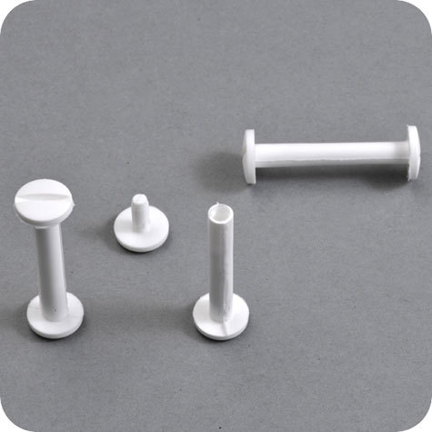 legatoria Viti sepolte rilegatura, plastica 90mm  BIANCO, lunghezza mm 90, diametro testa 12mm, diametro tubetto 5mm, una testa fissa ed una mobile, LVI3090. Per lunghezza, si intende la distanza INTERNA tra le due teste, che corrisponde allo spessore del volume da rilegare.