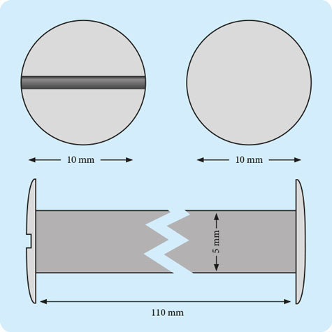 legatoria Viti sepolte rilegatura, OTTONATE, 110mm lunghezza 110 mm, testa diametro 10mm, tubetto diametro 5mm, una testa fissa ed una mobile. Per lunghezza, si intende la distanza INTERNA tra le due teste, che corrisponde allo spessore del volume da rilegare.