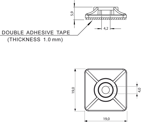 legatoria Basetta autoadesiva 19x19mm BIANCO, in plastica bianca, sezione quadrata, per ancoraggio bidirezionale di fascette in plastica.