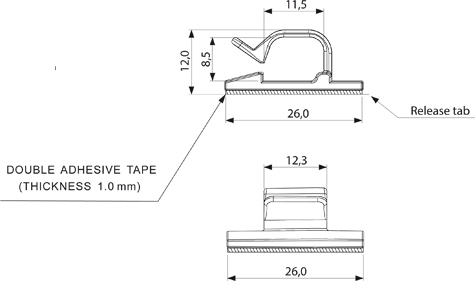 legatoria Fermacavo autoadesivo 26x26mm, per cavi fino a 8,7mm BIANCO, in plastica bianca, per la posa di cavi e fili su superfici piane.