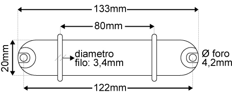 legatoria Meccanismo rettangolare a 2 anelli, contiene fino a 20mm A SERPENTINA. Lunghezza totale del meccanismo 133mm, interasse degli anelli 80mm, capacit degli anelli 20mm, interasse fori di fissaggio 122mm, diametro dei fori 4,2mm, larghezza della base 20mm, larghezza totale 24mm, altezza totale 30mm, Diametro filo 3,4mm.