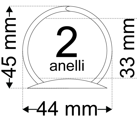 legatoria Meccanismo rotondo a 2 anelli. contiene fino a 33mm A PIASTRE. Lunghezza totale del meccanismo 132mm, interasse degli anelli 80mm, capacit degli anelli 33mm, interasse fori di fissaggio 122mm, diametro dei fori 4,2mm, larghezza della base 26mm, larghezza totale 44mm, altezza totale 45mm, diametro filo 3,9mm.