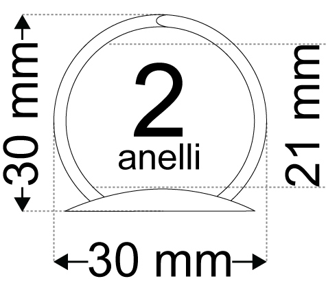 legatoria Meccanismo rotondo a 2 anelli, contiene fino a 21mm A PIASTRE. Lunghezza totale del meccanismo 123mm, interasse degli anelli 80mm, capacit degli anelli 21mm, interasse fori di fissaggio 114mm, diametro dei fori 4,2mm, larghezza della base 20mm, larghezza totale 30mm, altezza totale 30mm, Diametro filo 2,9mm.