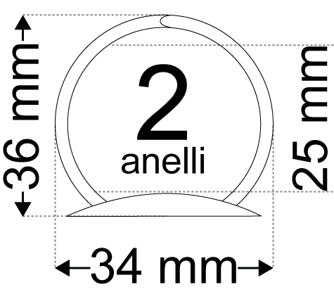 legatoria Meccanismo rotondo a 2 anelli, contiene fino a 25mm A PIASTRA .Lunghezza totale del meccanismo 123mm, interasse degli anelli 80mm, capacit degli anelli 25mm, interasse fori di fissaggio 114mm, diametro dei fori 4,2mm, larghezza della base 20mm, larghezza totale 34mm, altezza totale 36mm, Diametro filo 3,3mm.
