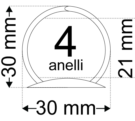 legatoria Meccanismo rotondo 4anelli. contiene 21mm A PIASTRE. Lunghezza totale del meccanismo 285mm, interasse degli anelli 80mm, capacit degli anelli fino a spessore di 21mm, interasse dei fori 275mm, diametro dei fori 4,2mm, larghezza della base 20mm, larghezza totale 30mm, altezza totale 30mm, diametro filo 2,9mm.
