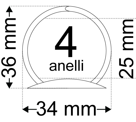 legatoria Meccanismo rotondo 4anelli. Contiene 25mm A SERPENTINA. Lunghezza totale del meccanismo 285mm, interasse degli anelli 80mm, capacit degli anelli fino a spessore di 25mm, interasse dei fori 275mm, diametro dei fori 4,2mm, larghezza della base 20mm, larghezza totale 34mm, altezza totale 36mm, diametro filo 3,3mm.