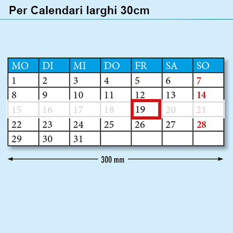 legatoria Segnagiorno per calendari larghi 30cm E7, finestrella rossa con misura interna 17x34mm, esterna 23x41mm. Il prodotto  composto da tre pezzi: 1 finestrella rossa, 1 striscia in vinile morbido trasparente, 1 elastico rivestito in fibra tessile con terminali metallici a T. MADE IN GERMANY.