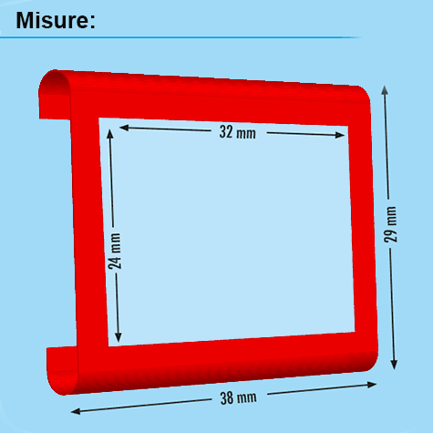 legatoria Segnagiorno per calendari larghi 30cm E11, finestrella rossa con misura interna 14x20mm, esterna 20x26mm. Il prodotto  composto da tre pezzi: 1 finestrella rossa, 1 striscia in vinile morbido trasparente, 1 elastico rivestito in fibra tessile con terminali metallici a T. MADE IN GERMANY.