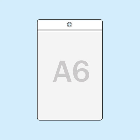 legatoria Busta a U. foro 105x148mm(A6) TRASPARENTE, foro rinforzato con occhiello metallico da 4mm, in PVC morbido da 180 micron. Aperta sul lato corto. Contiene fogli formato A6 (105x148mm). Formato esterno (115x157mm).