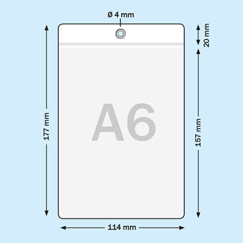 legatoria Busta a U. foro 105x148mm(A6) TRASPARENTE, foro rinforzato con occhiello metallico da 4mm, in PVC morbido da 180 micron. Aperta sul lato corto. Contiene fogli formato A6 (105x148mm). Formato esterno (115x157mm).