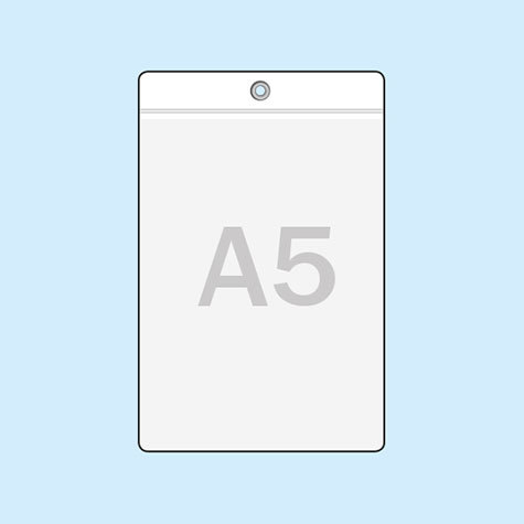 legatoria Busta APPENDIBILE 148x210mm(A5). FORO RINFORZATO TRASPARENTE, foro rinforzato con occhiello metallico da 4mm, in PVC morbido da 180 micron. Aperta sul lato corto. Contiene fogli formato A5 (15x21cm). Formato esterno 158x237mm.