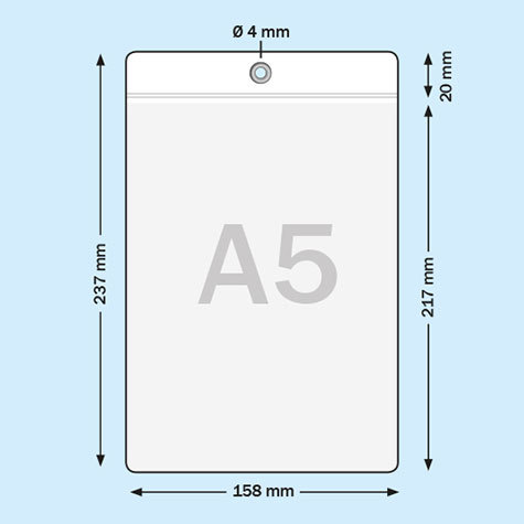 legatoria Busta APPENDIBILE 148x210mm(A5). FORO RINFORZATO TRASPARENTE, foro rinforzato con occhiello metallico da 4mm, in PVC morbido da 180 micron. Aperta sul lato corto. Contiene fogli formato A5 (15x21cm). Formato esterno 158x237mm.