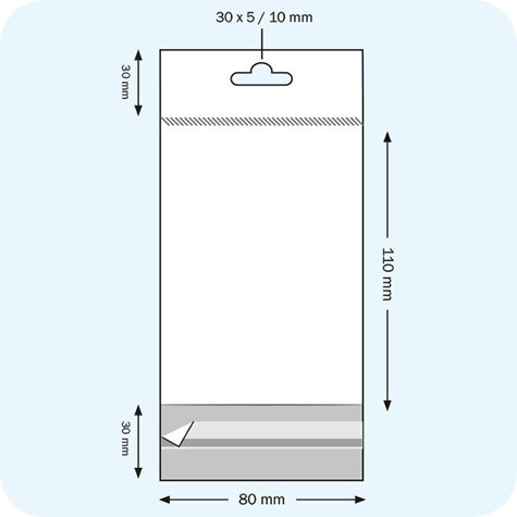 legatoria Sacchetto in polipropilene (OPP) 80x110mm TRASPARENTE, in polipropilene (OPP) da 30 micron, con patella da 30mm e banda autoadesiva di chiusura sul lato corto. Con foro euro sul lato superiore per appensione.
