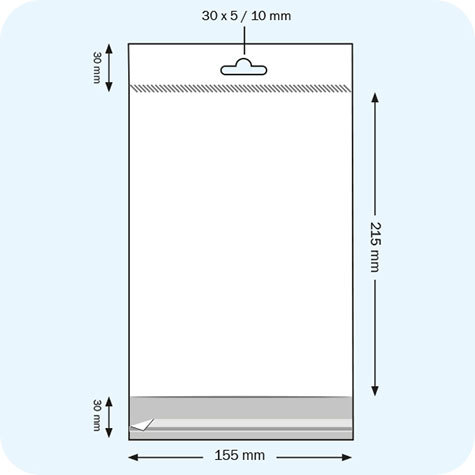 legatoria Sacchetto in polipropilene (OPP) 155x215mm TRASPARENTE, in polipropilene (OPP) da 30 micron, con patella da 30mm e banda autoadesiva di chiusura sul lato corto. Con foro euro sul lato superiore per appensione.
