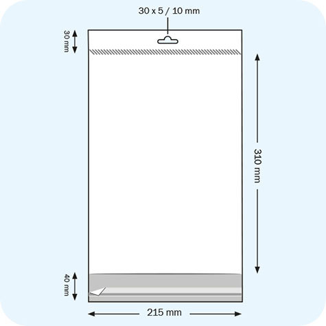 legatoria Sacchetto in polipropilene (OPP) 215x310mm TRASPARENTE, in polipropilene (OPP) da 30 micron, con patella da 30mm e banda autoadesiva di chiusura sul lato corto. Con foro euro sul lato superiore per appensione.