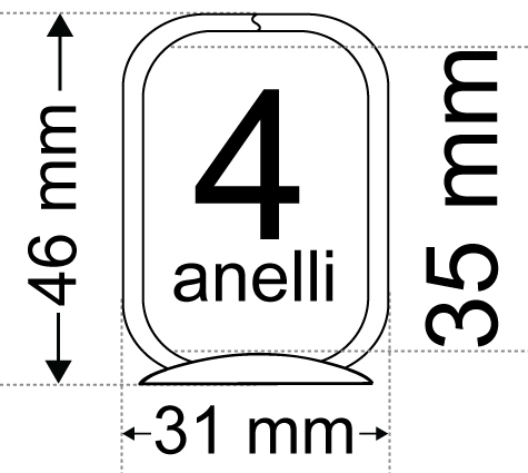 legatoria Meccanismo rettangolare 4anelli, contiene 35mm A PIASTRA. Lunghezza totale del meccanismo 290mm, interasse degli anelli 80mm, capacit degli anelli 35mm, interasse fori di fissaggio 280mm, diametro dei fori 4,2mm, larghezza della base 26mm, larghezza totale 31mm, altezza totale 46mm, Diametro filo 3,9mm.