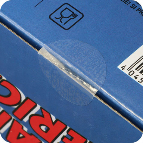 legatoria Bollini autoadesivi chiudibusta diametro 20mm TRASPARENTI, adesivo permanente, in rotolo, com perforazione mediana per la rottura del bollino se si tenta di rimuoverlo. 44 bollini al metro.