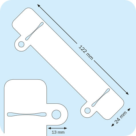 legatoria Fastener a 2 buchi, 122x24mm BIANCO, in PVC rigido, lunghezza 122mm, con scanalature per linguette metalliche. Interasse fori 80mm.