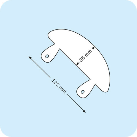 legatoria Fastener a 2 buchi, 122x36mm TRASPARENTE, a forma semicircolare. Interasse fori 80mm.