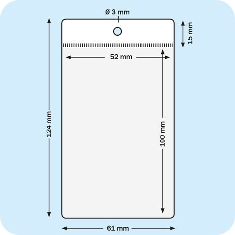 legatoria Busta a U. foro. 52x100mm TRASPARENTE, con lato sporgente e con foro da 3mm per lappensione, in PVC morbido da 180 micron, aperta sul lato corto. Contiene fogli formato A8 (52x100mm). Formato esterno (61x124mm). Senza patella di chiusura.