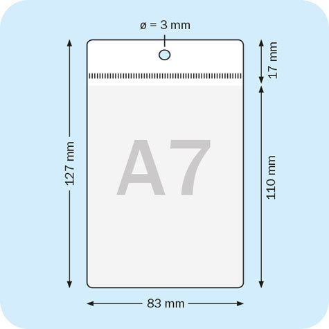 legatoria Busta a U. foro. 79x105mm(A7) TRASPARENTE, con lato sporgente e con foro da 5mm per l’appensione, in PVC morbido da 180 micron, aperta sul lato corto. Contiene fogli formato A7 (110x83mm).Formato esterno (83x127mm). Senza patella di chiusura.