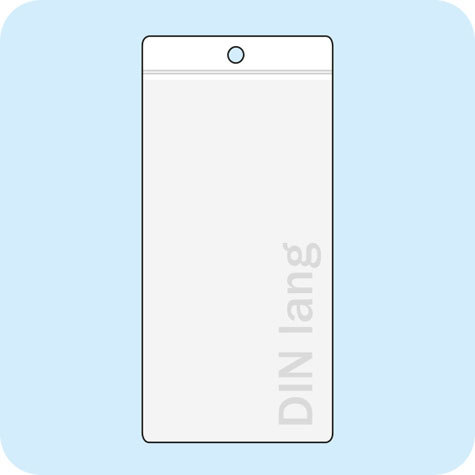 legatoria Busta U. foro. DIN 99x210mm TRASPARENTE, con lato sporgente e con foro da 5mm per lappensione, in PCV morbido da 180 micron, aperta sul lato corto. Formato esterno 115x220mm. Senza patella di chiusura.