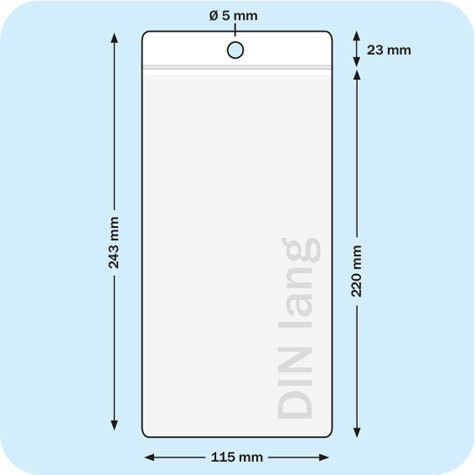 legatoria Busta U. foro. DIN 99x210mm TRASPARENTE, con lato sporgente e con foro da 5mm per lappensione, in PCV morbido da 180 micron, aperta sul lato corto. Formato esterno 115x220mm. Senza patella di chiusura.