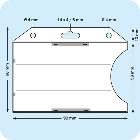 legatoria Portatesserino in plastica rigida semitrasparente, 92x58mm Aperto sul lato corto per inserire tessere formato carta di credito. Pu essere appeso sul lato superiore attraverso lasola ovale formato euro o tramite 2 fori rotondi diametro 4 mm. Formato 92x58mm, (58x92mm).