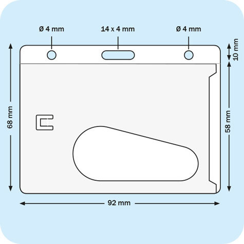 legatoria Portatesserino in plastica rigida semitrasparente, 98x58mm Aperto sul lato lungo per inserire tessere formato carta di credito. Pu essere appeso sul lato superiore attraverso lasola ovale formato euro o tramite 2 fori rotondi diametro 4 mm. Misura 98 x 58.