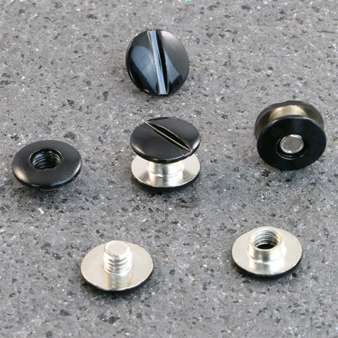 legatoria Viti sepolte rilegatura verniciate, 2mm NERO, in metallo verniciato, lunghezza mm 2. Testa diametro 10mm, tubetto diametro 5mm, una testa fissa ed una mobile. Per lunghezza, si intende la distanza INTERNA tra le due teste, che corrisponde allo spessore del volume da rilegare.