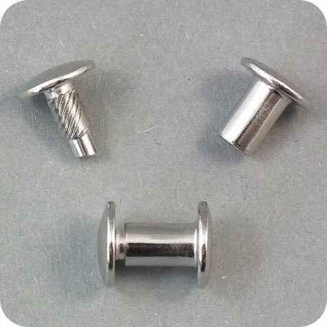 legatoria Vite sepolta ad incastro, 10mm NICHELATA.Per rilegatura. Lunghezza mm 10, testa diametro 10mm, fusto le due teste terminali sono lisce. Per lunghezza, si intende la distanza INTERNA tra le due teste, che corrisponde allo spessore del volume da rilegare.