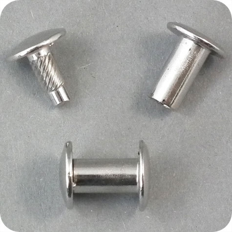 legatoria Vite sepolta ad incastro, 15mm NICHELATA.Per rilegatura. Lunghezza mm 15, testa diametro 10mm, fusto le due teste terminali sono lisce. Per lunghezza, si intende la distanza INTERNA tra le due teste, che corrisponde allo spessore del volume da rilegare.