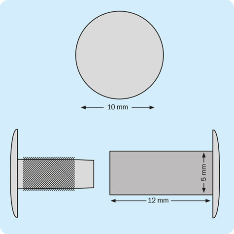 legatoria Vite sepolta ad incastro, 12mm NICHELATA.Per rilegatura. Lunghezza mm 12, testa diametro 10mm, fusto le due teste terminali sono lisce. Per lunghezza, si intende la distanza INTERNA tra le due teste, che corrisponde allo spessore del volume da rilegare.