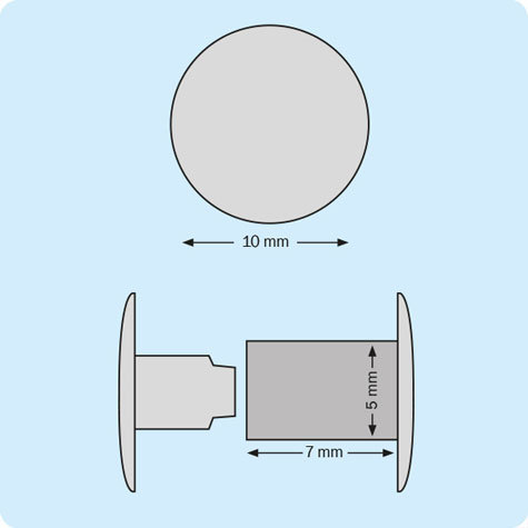 legatoria Vite sepolta ad incastro, 7mm NICHELATA.Per rilegatura. Lunghezza mm 7, testa diametro 10mm, fusto le due teste terminali sono lisce. Per lunghezza, si intende la distanza INTERNA tra le due teste, che corrisponde allo spessore del volume da rilegare.