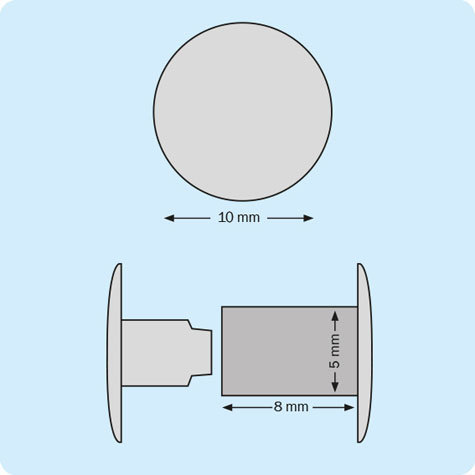 legatoria Vite sepolta ad incastro, 8mm NICHELATA.Per rilegatura. Lunghezza mm 8, testa diametro 10mm, fusto le due teste terminali sono lisce. Per lunghezza, si intende la distanza INTERNA tra le due teste, che corrisponde allo spessore del volume da rilegare.