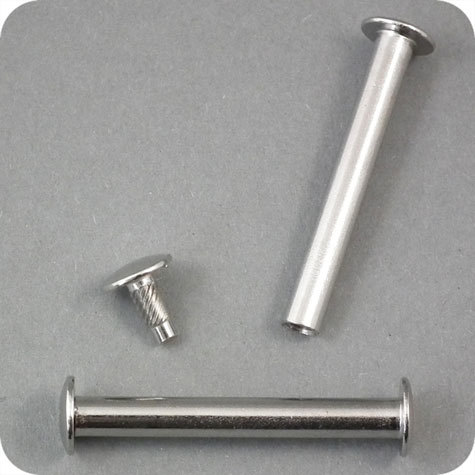 legatoria Vite sepolta ad incastro, 55mm NICHELATA.Per rilegatura. Lunghezza mm 55, testa diametro 10mm, fusto le due teste terminali sono lisce. Per lunghezza, si intende la distanza INTERNA tra le due teste, che corrisponde allo spessore del volume da rilegare.