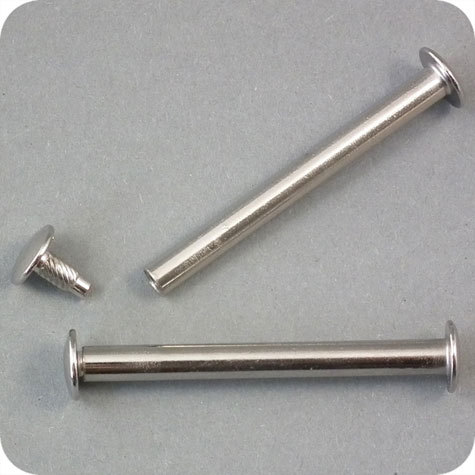 legatoria Vite sepolta ad incastro, 65mm NICHELATA.Per rilegatura. Lunghezza mm 65, testa diametro 10mm, fusto le due teste terminali sono lisce. Per lunghezza, si intende la distanza INTERNA tra le due teste, che corrisponde allo spessore del volume da rilegare.